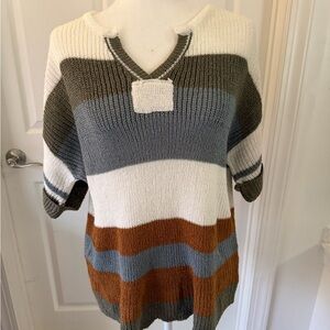 BKE Women's V-Neck Sweater - Cream, Gray, Brown